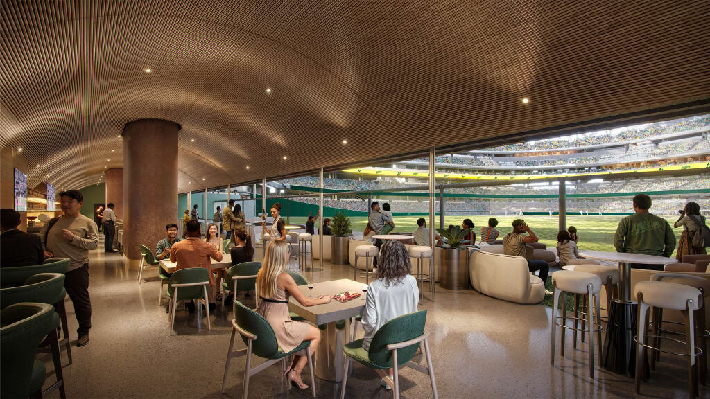 Official premium hospitality rendering inside the Athletics Las Vegas ballpark