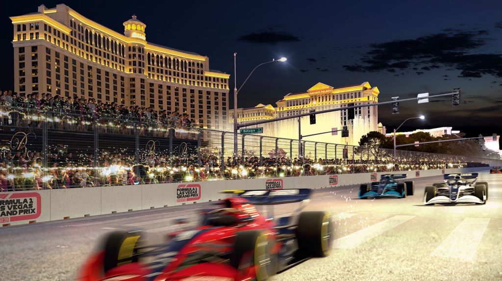 Formula 1 race action near Bellagio in Las Vegas