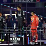 Lewis Hamilton, George Russell, and Carlos Sainz on the Las Vegas Grand Prix podium