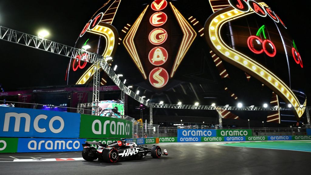 Formula 1 race action beside Sphere in Las Vegas
