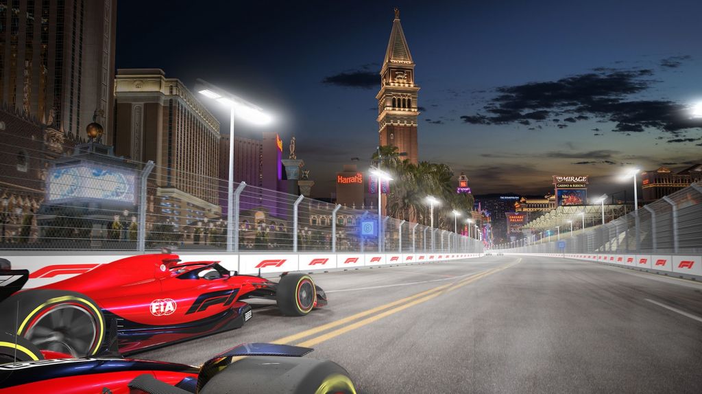 Formula 1 cars racing on the Las Vegas Strip