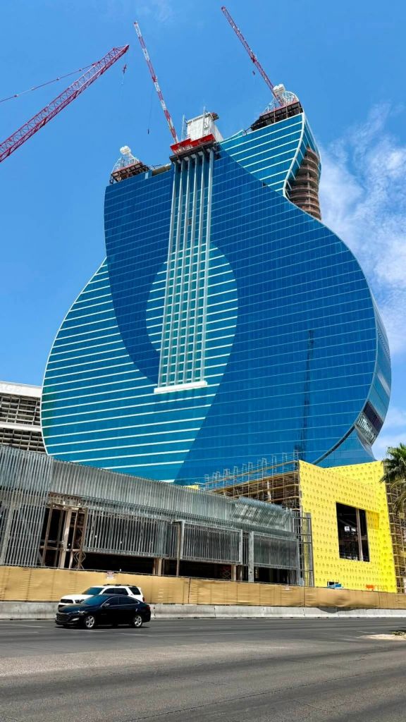 Hard Rock Las Vegas guitar tower construction in August 2026