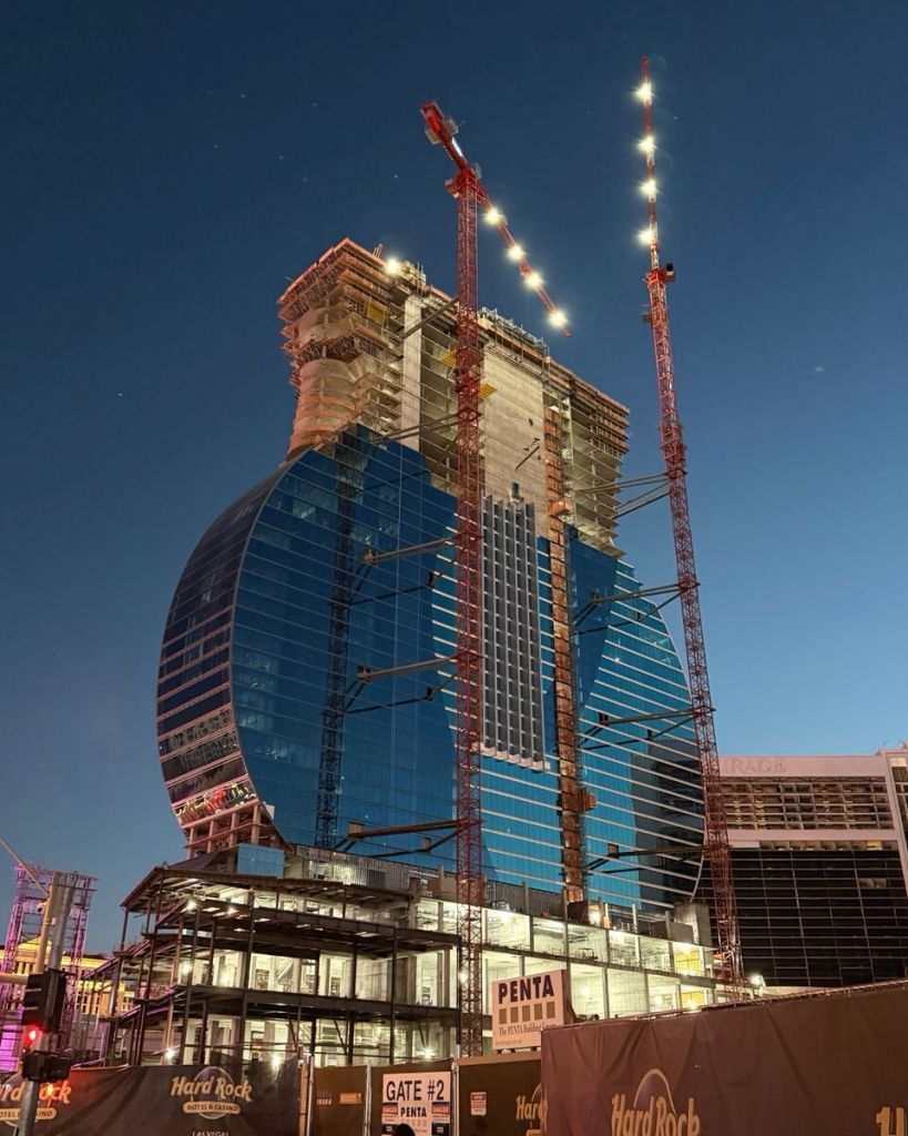 Hard Rock Las Vegas guitar tower construction at evening
