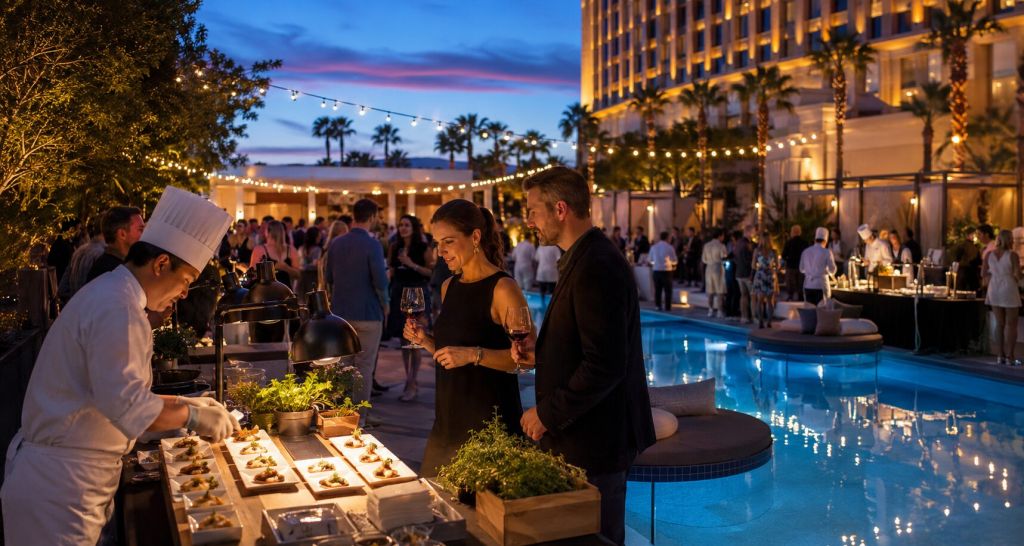 An upscale food and wine tasting beside a Las Vegas resort pool