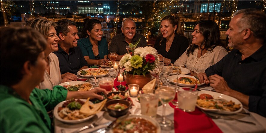 Friends and family sharing a Mexican Independence Weekend dinner in Las Vegas
