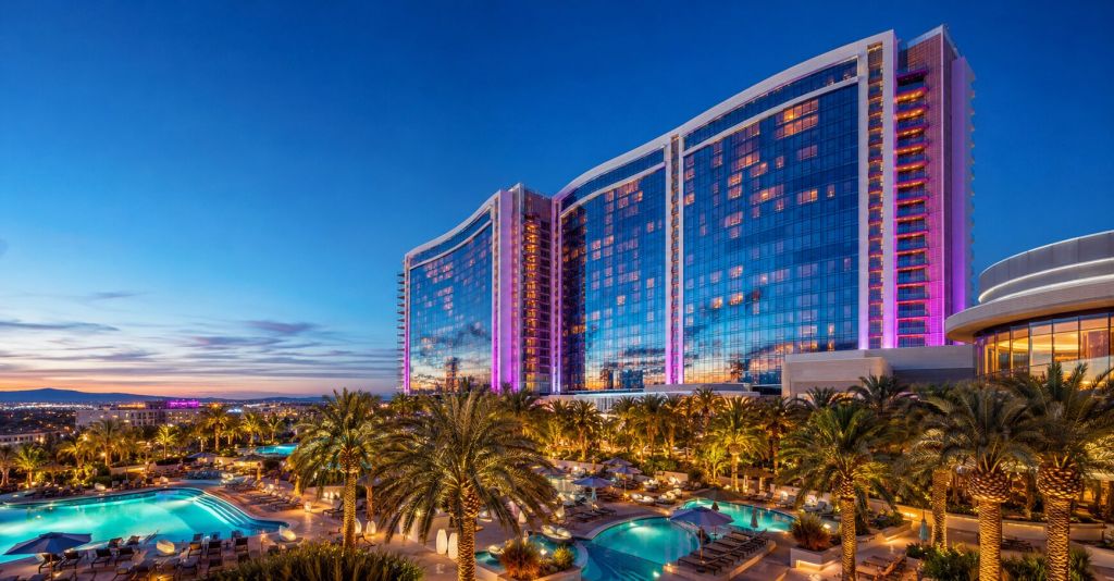 A colorful all suite Las Vegas resort and pool district at blue hour