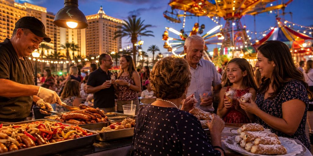 Families enjoying Italian food and carnival rides at a Las Vegas festival