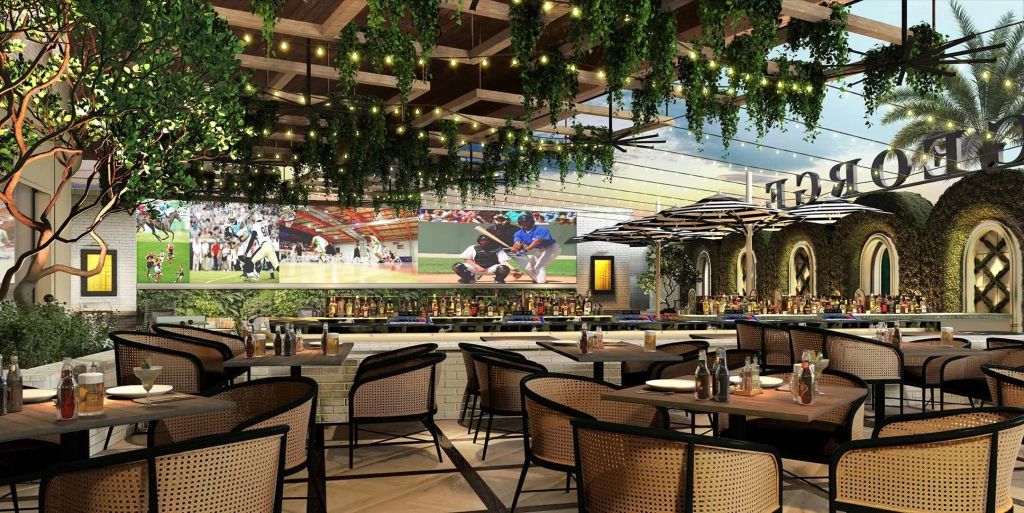 The George Sportsmen’s Lounge patio and sports screens