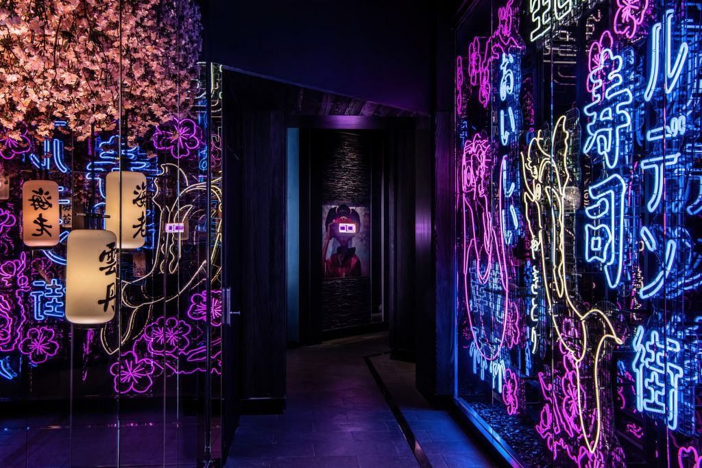 Neon floral entrance at WAKUDA Las Vegas