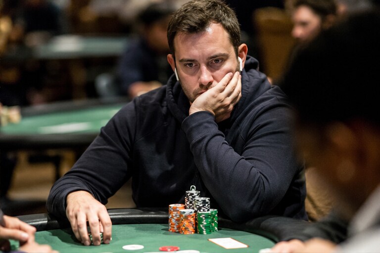 Tournament poker player focused at a Las Vegas table