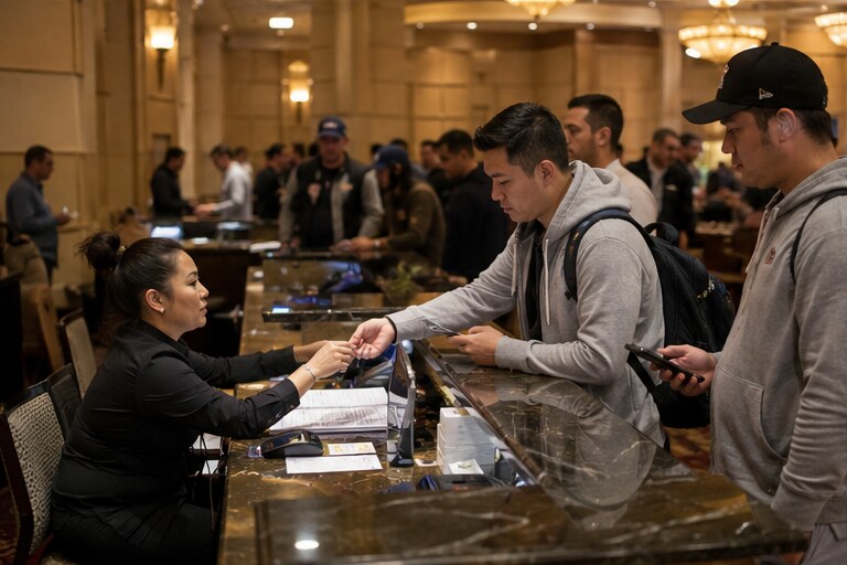 Players preparing and registering for a Las Vegas poker tournament