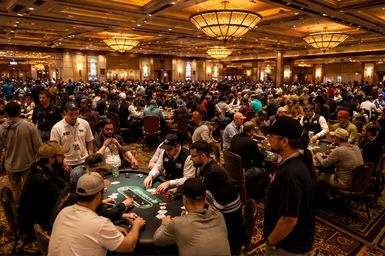 A full Las Vegas tournament poker room during the World Series of Poker
