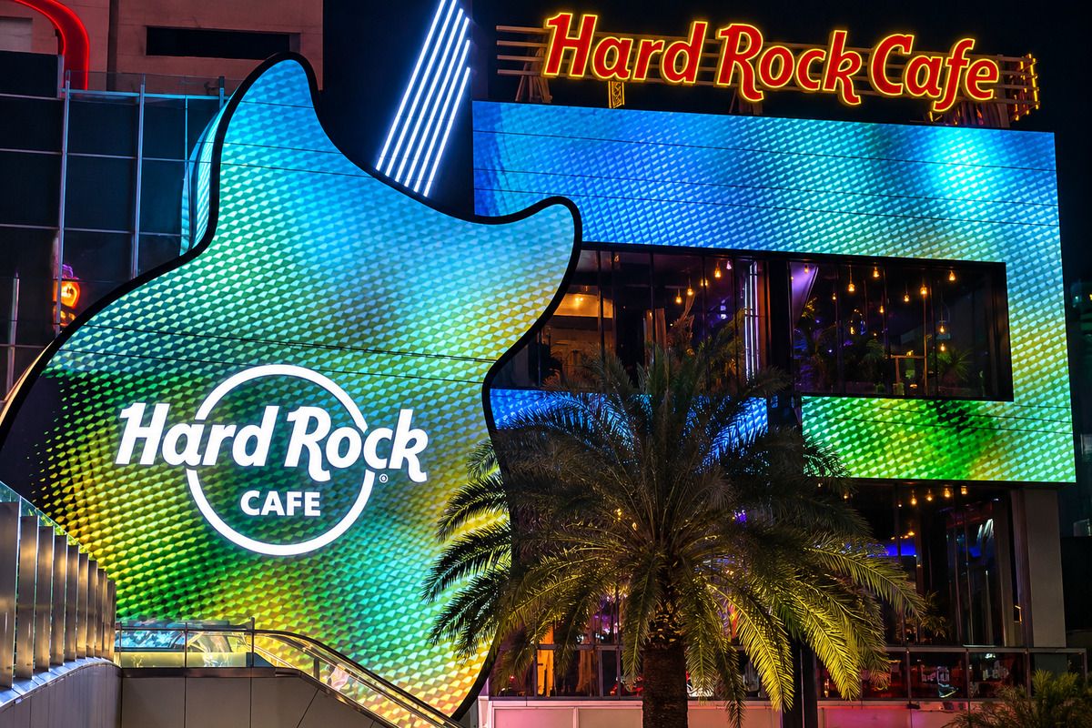 Hard Rock Cafe Las Vegas illuminated guitar facade for the 2027 Big Game Party