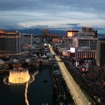Las Vegas Strip circuit and Bellagio fountains during Grand Prix weekend
