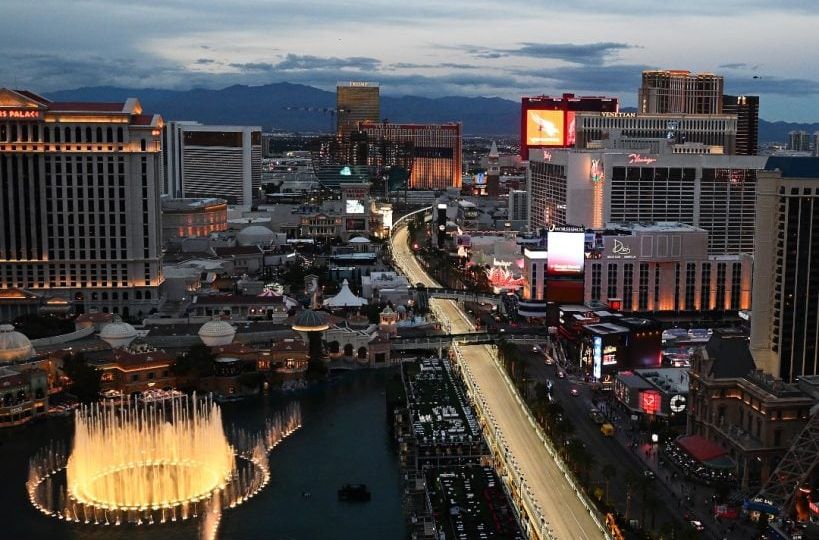 Las Vegas Strip circuit and Bellagio fountains during Grand Prix weekend