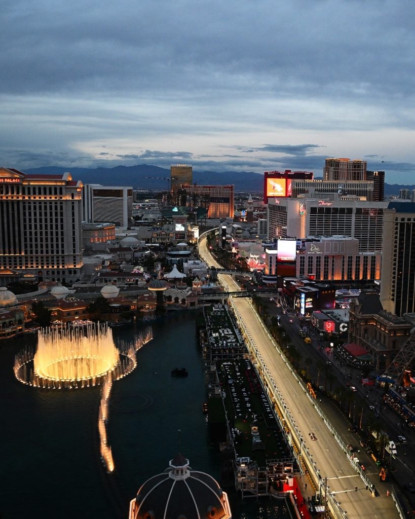 Las Vegas Strip circuit and Bellagio fountains during Grand Prix weekend