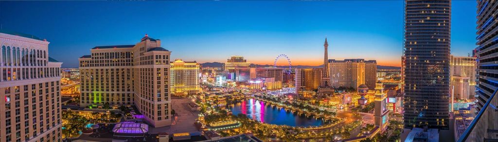 Panoramic view of the Las Vegas Strip at sunset