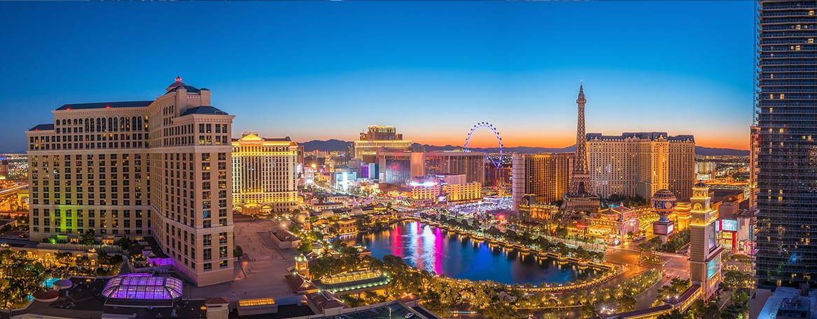 Panoramic view of the Las Vegas Strip at sunset