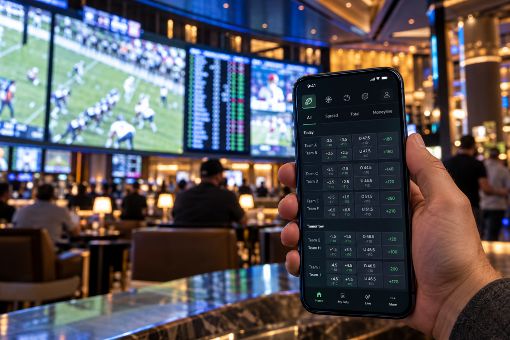 Mobile sports wagering app inside a modern Las Vegas sportsbook