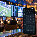 Mobile sports wagering app inside a modern Las Vegas sportsbook