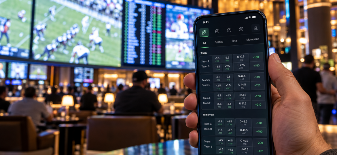 Mobile sports wagering app inside a modern Las Vegas sportsbook