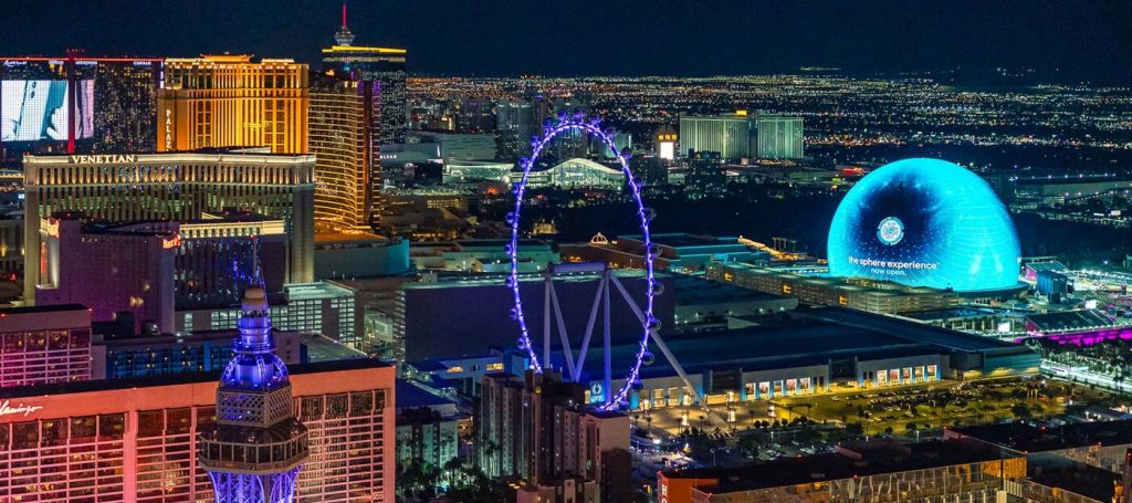 Nighttime aerial view of the Las Vegas Strip