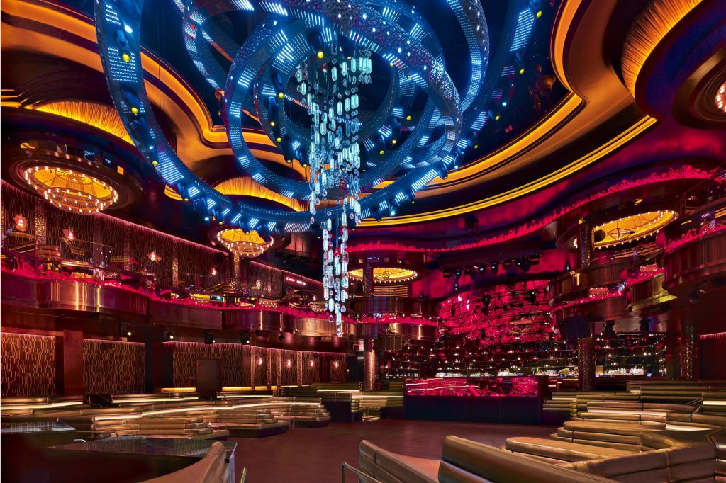 OMNIA Nightclub main room and kinetic chandelier at Caesars Palace