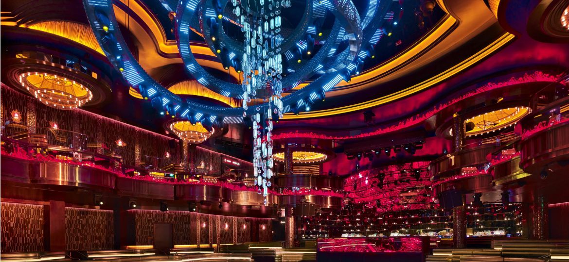 OMNIA Nightclub main room and kinetic chandelier at Caesars Palace