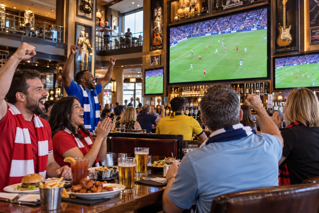 Premier League supporters watching a Saturday morning soccer match in Las Vegas