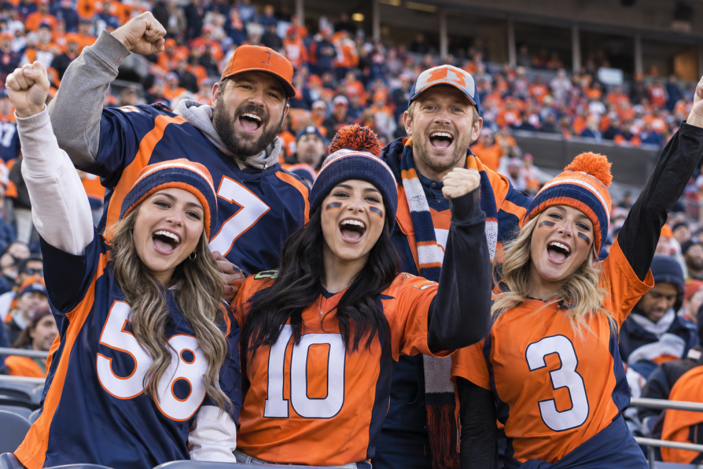 Denver Broncos fans in orange, navy, and white cheering together in the stands