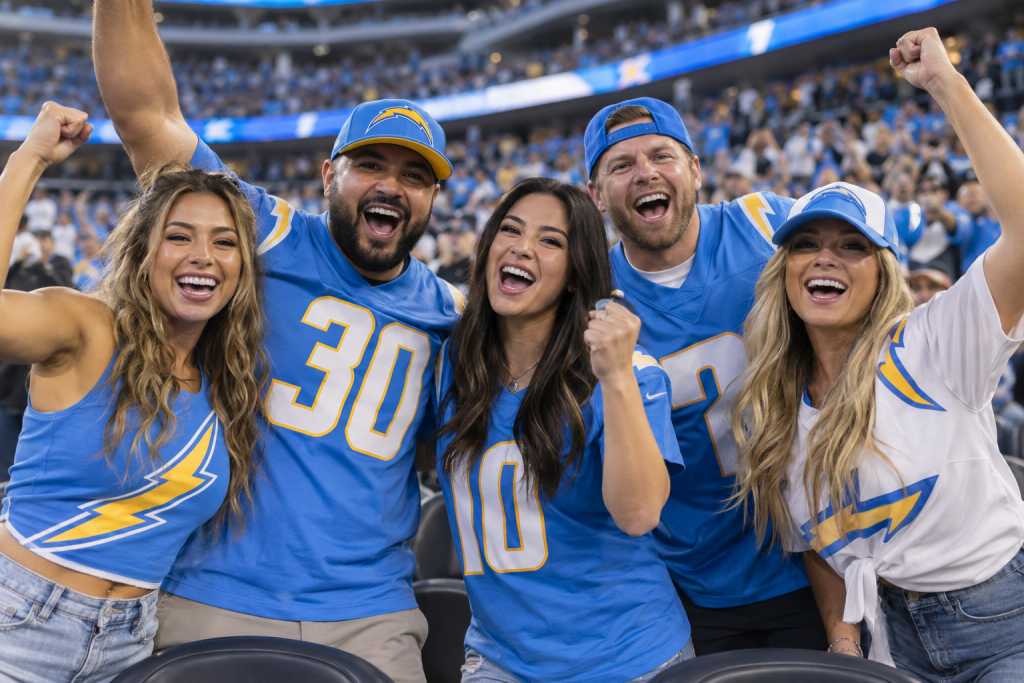 Los Angeles Chargers fans in powder blue, white, and gold cheering together in the stands