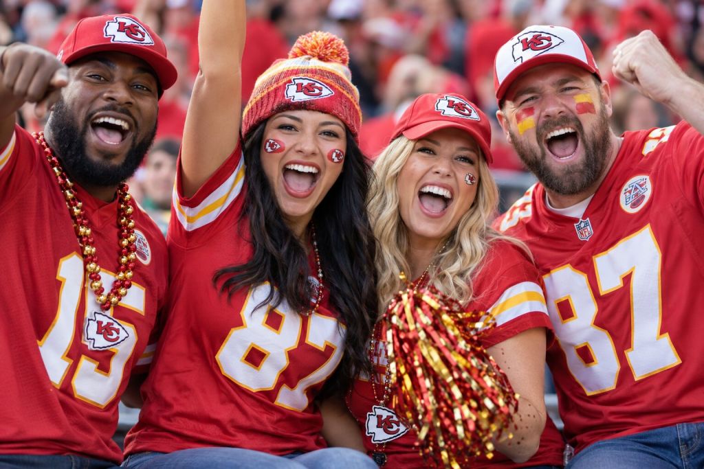 Kansas City Chiefs fans in red and gold gear cheering together in the stands
