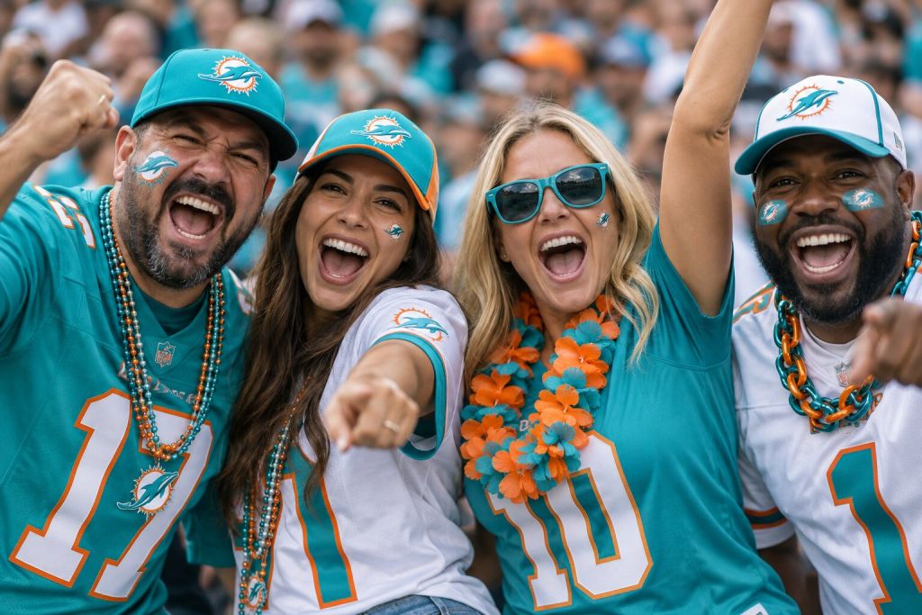 Miami Dolphins fans in aqua and orange gear cheering together in the stands