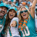 Miami Dolphins fans in aqua and orange gear cheering together in the stands