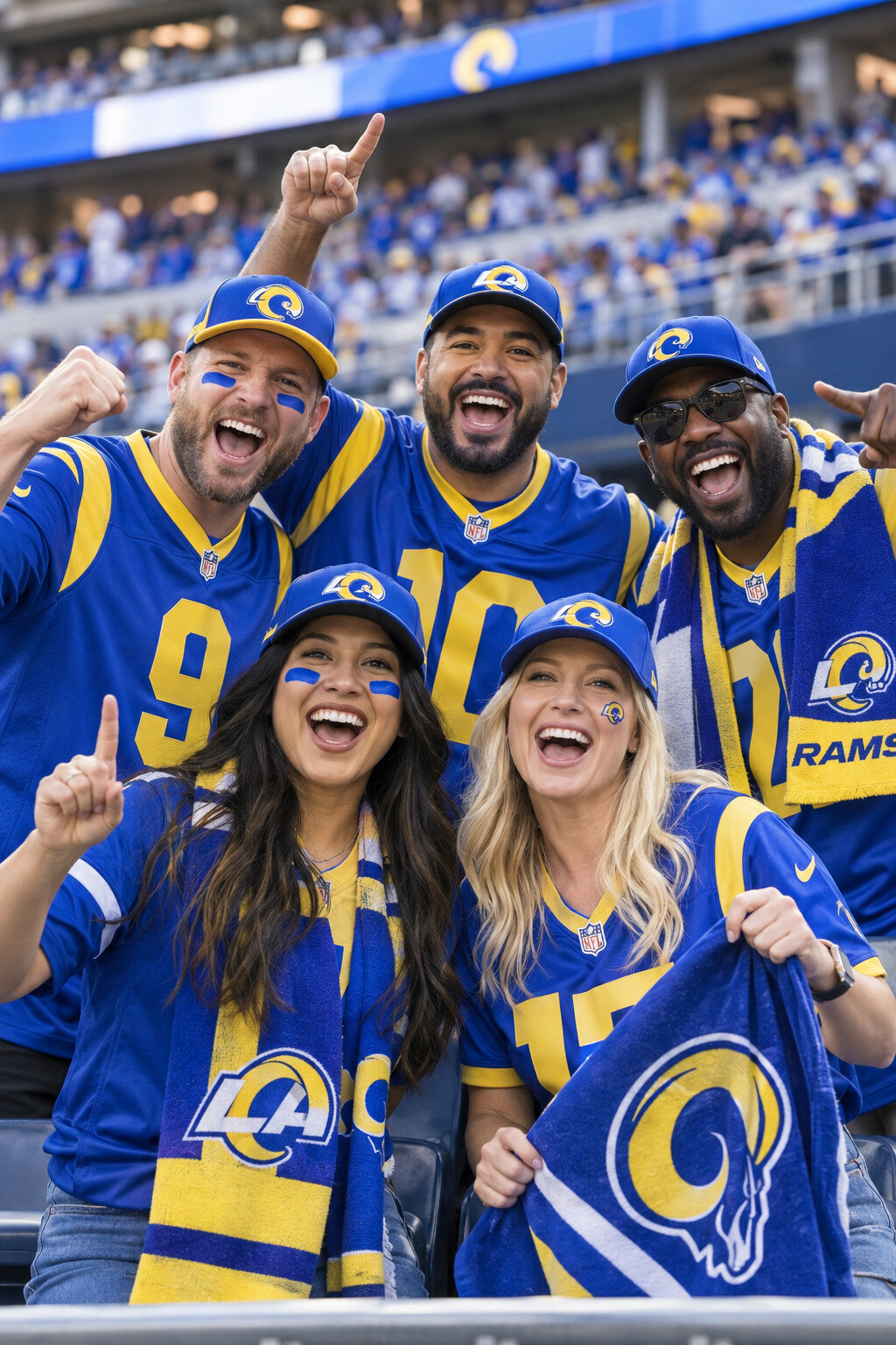 Los Angeles Rams fans in authentic blue and gold gear cheering together in the stands