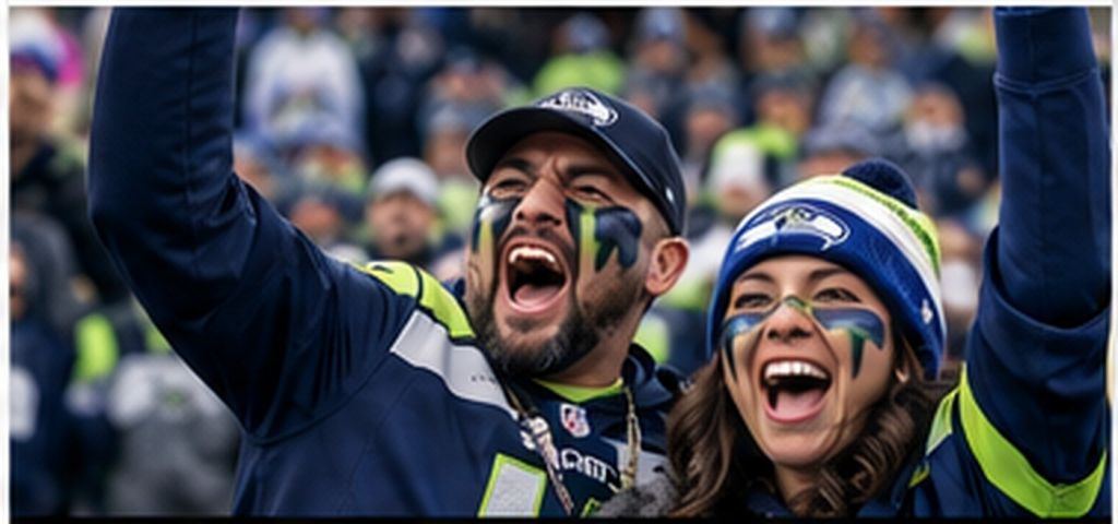Seattle Seahawks fans in navy and action green cheering together in the stands
