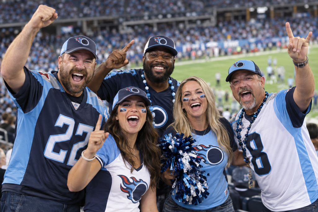 Tennessee Titans fans in navy, light blue, white, and red cheering together in the stands