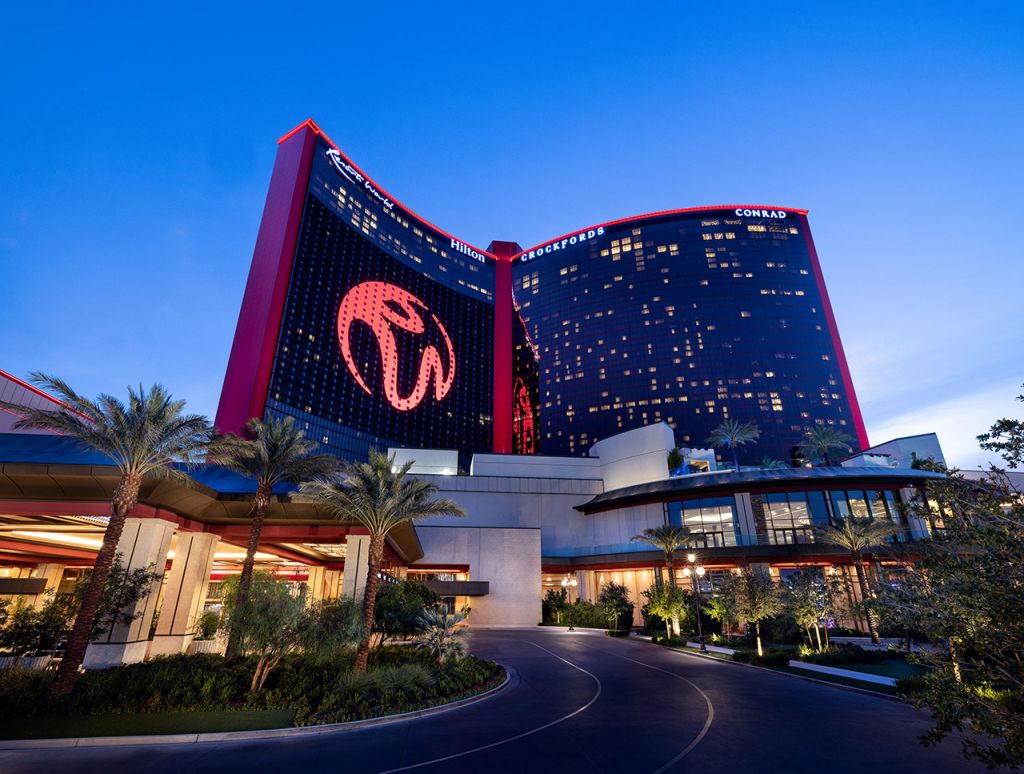 Main entrance of Resorts World Las Vegas at sunrise