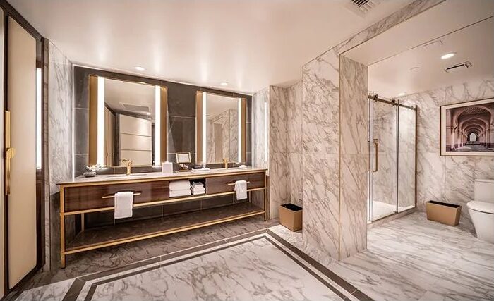 Marble bathroom in a Marra Tower suite at SAHARA Las Vegas