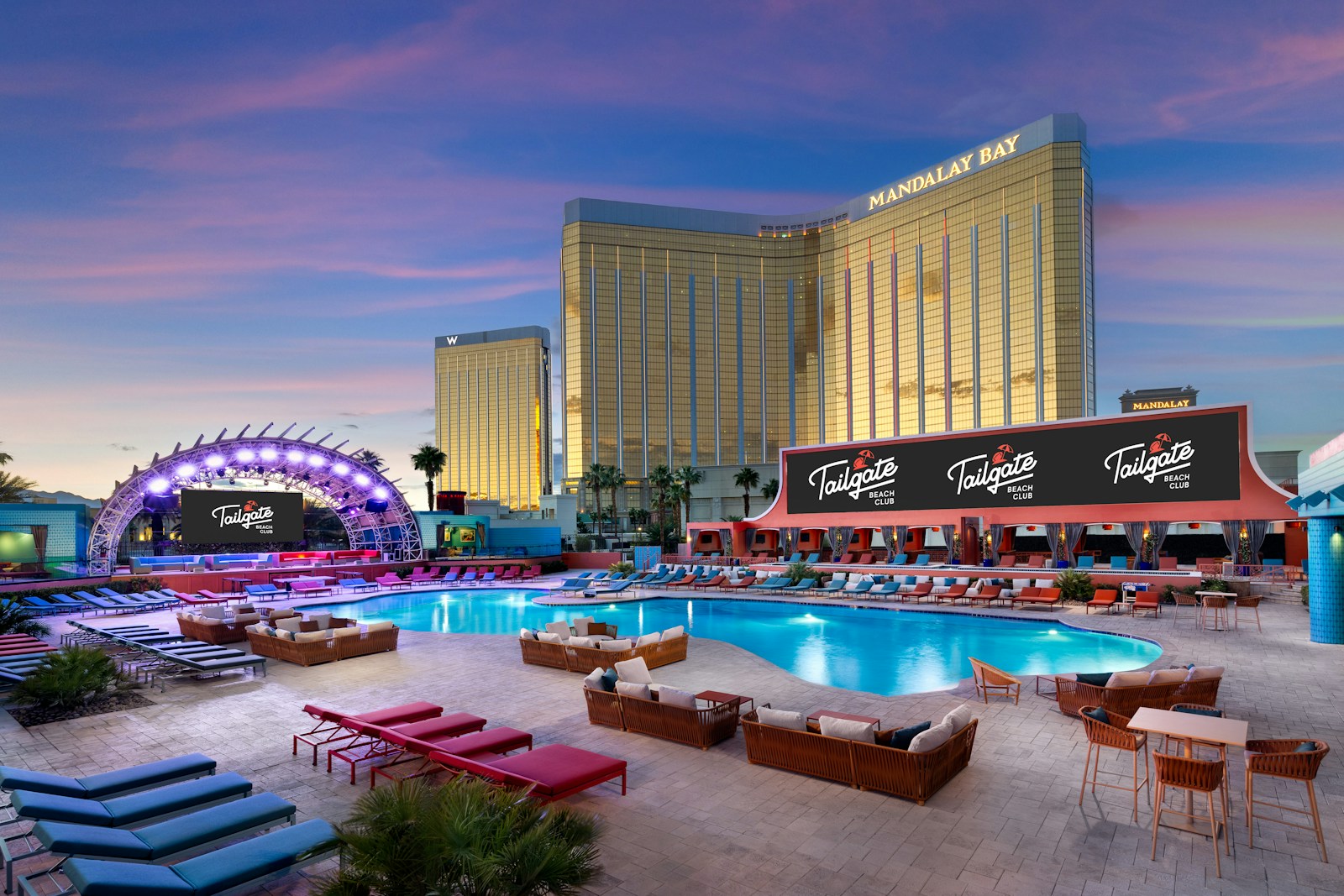 Tailgate Beach Club pool deck at dusk