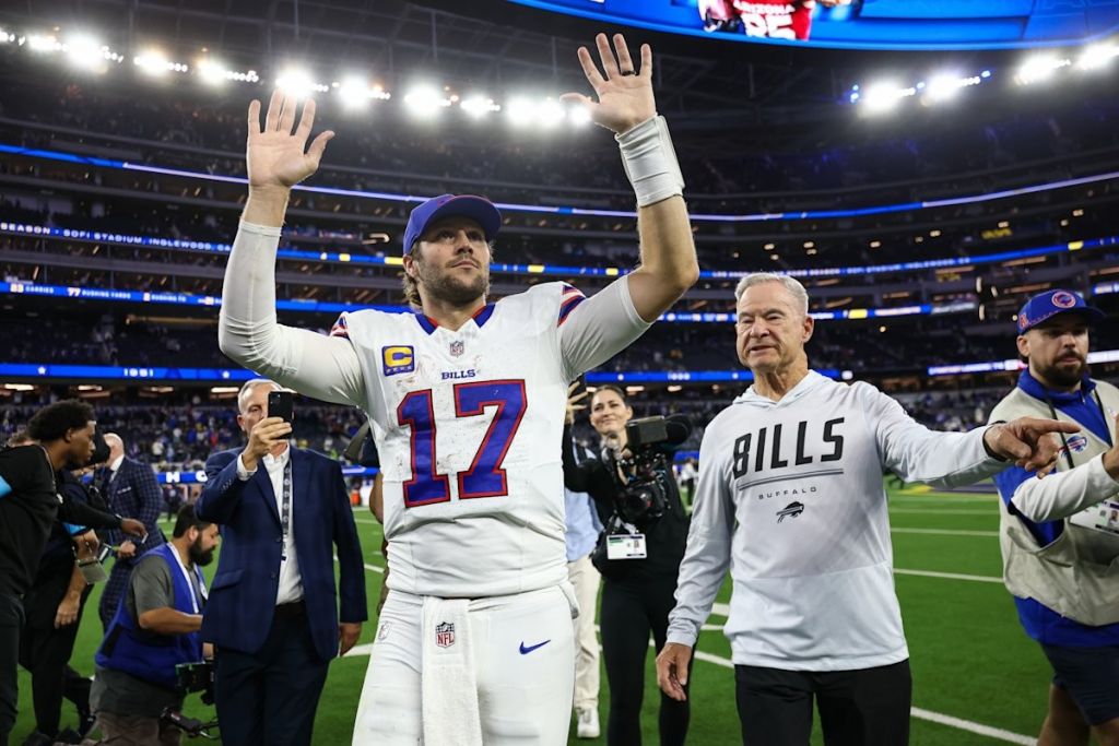 Josh Allen celebrates on the field after Buffalo’s overtime win over the Rams at SoFi Stadium on October 12, 2026.