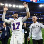 Josh Allen celebrates on the field after Buffalo’s overtime win over the Rams at SoFi Stadium on October 12, 2026.