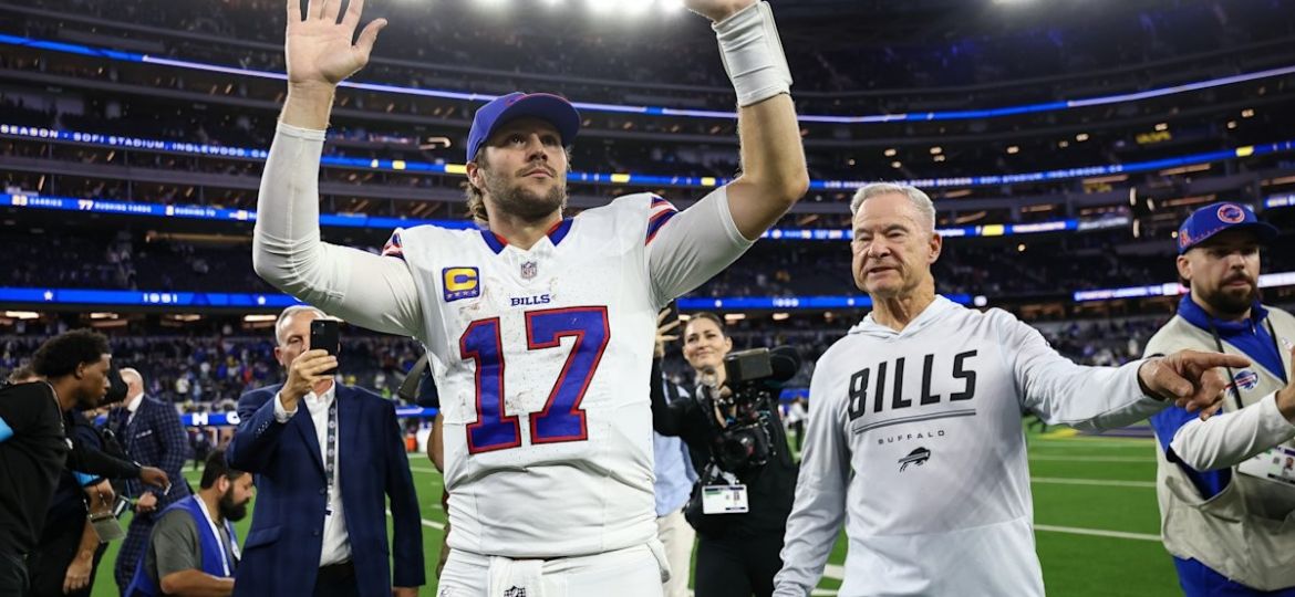 Josh Allen celebrates on the field after Buffalo’s overtime win over the Rams at SoFi Stadium on October 12, 2026.