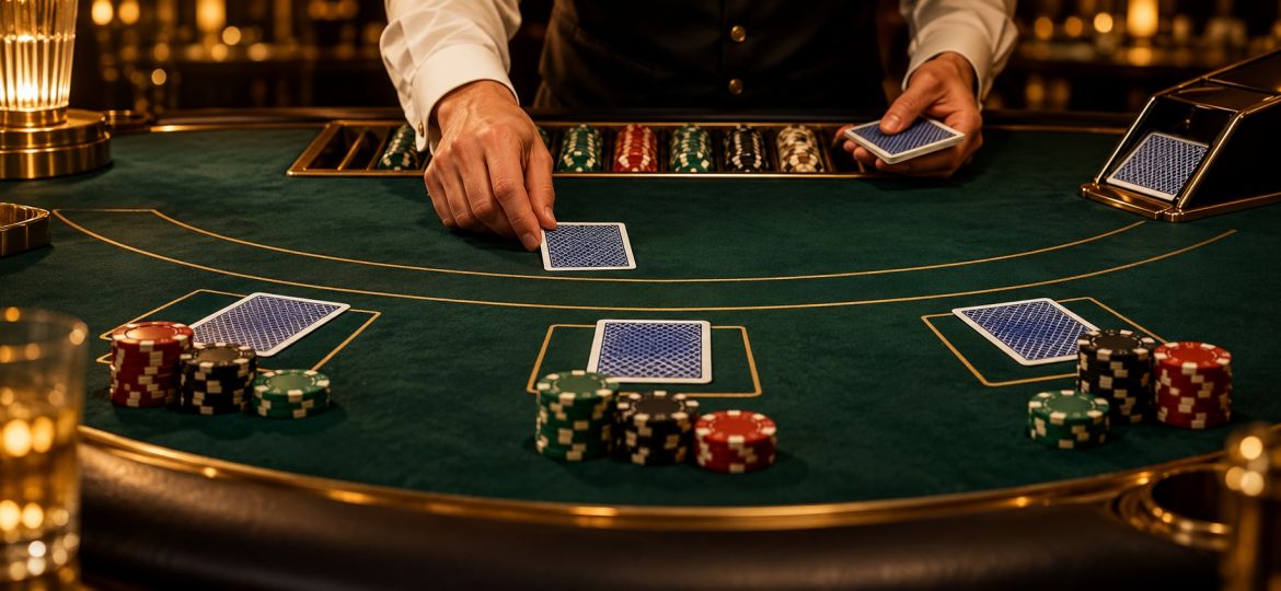 AI-generated illustration of a blackjack table with cards and casino chips