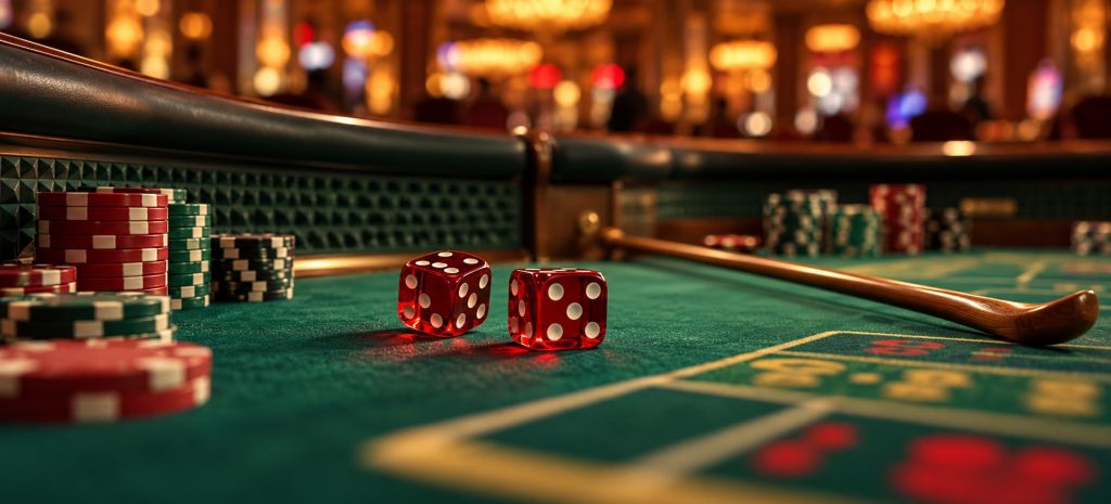 AI-generated illustration of red dice and chips on a craps table