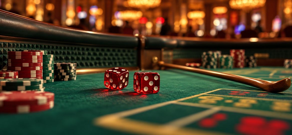 AI-generated illustration of red dice and chips on a craps table