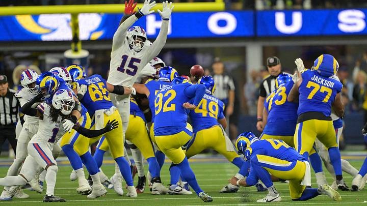 Gregory Rousseau blocks Harrison Mevis’s overtime field goal at SoFi Stadium on October 12, 2026.