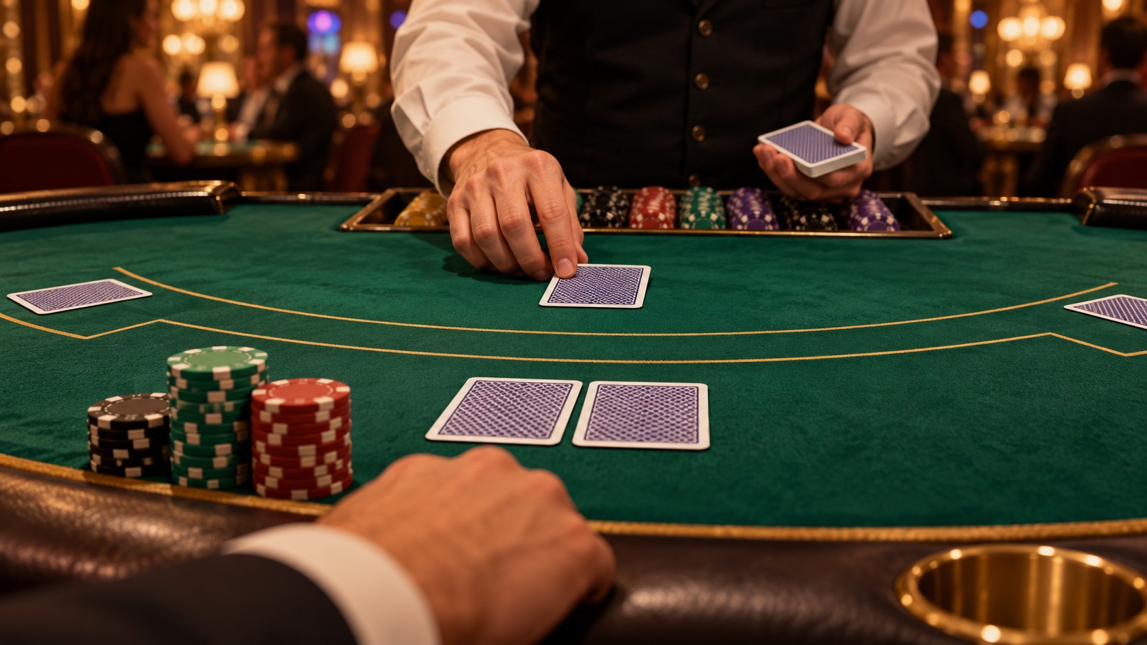 Illustration of a blackjack table with dealer and cards