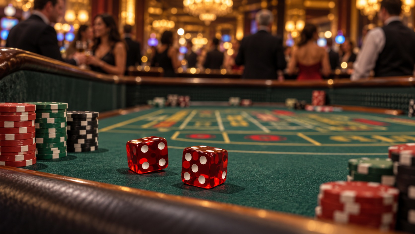 Illustration of a craps table with dice and chips